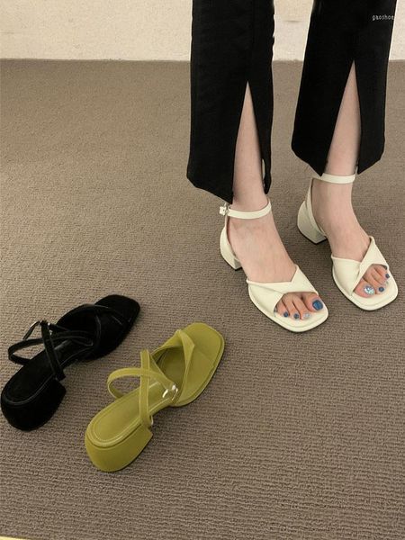 Sandalias 2023 verano playa elegante Casual mujer Color puro hebilla tacones medios zapatos damas punta abierta antideslizante coreano Chic