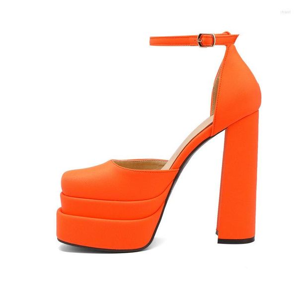 Sandalias 2023 verano brillante naranja rosa Color punta cerrada mujeres bombas zapatos bloque tacón alto Sexy plataforma fiesta novia tacones