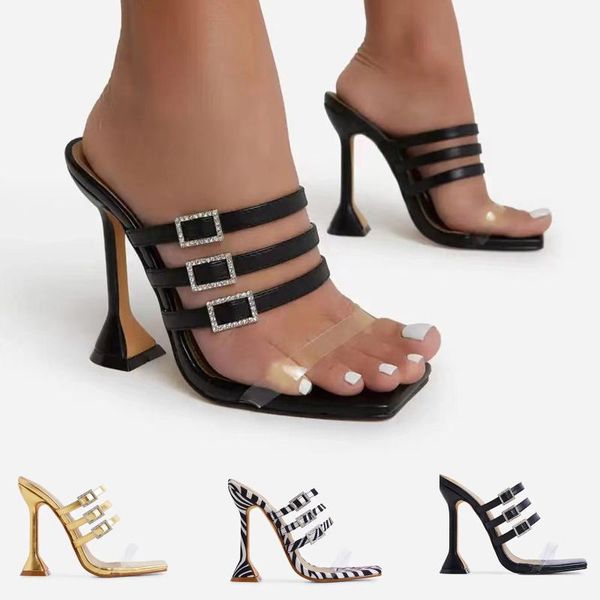 Sandalias 2023 verano moda mujer Sexy extremo cuadrado tobillo brillante banda de diamantes tacones altos cremallera señoras zapatos de fiesta