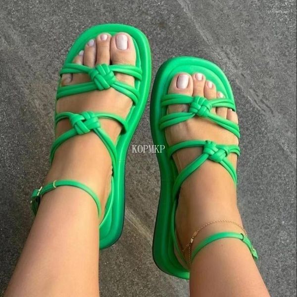 Sandalias 2023 verano verde ahueca hacia fuera los tacones altos de las mujeres plataforma cuñas correa de tobillo punta abierta zapatos de mujer para mujeres