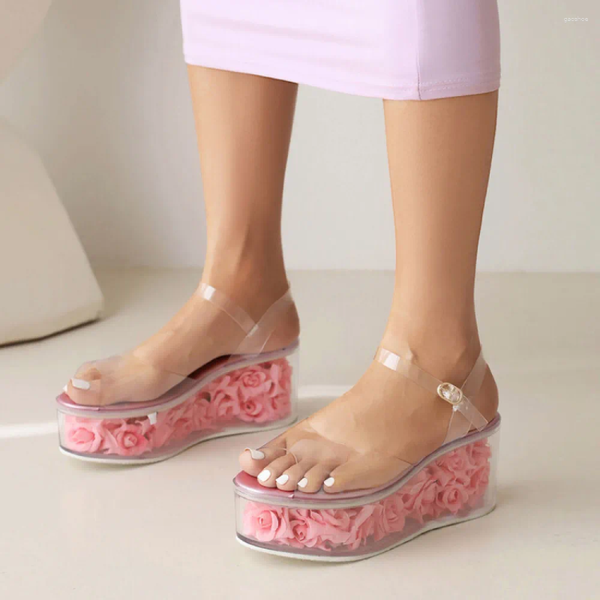 Sandalias 2023 Verano Rosa Rosa Suela Gruesa Fondo Transparente PVC Plataforma Open Toe Zapatos Planos Casual Cómodo