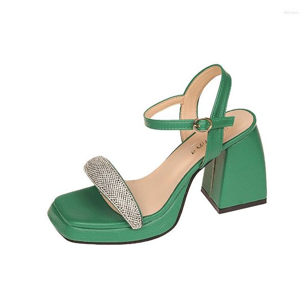 Sandalias 2023 Verano Rhinestone Zapatos de mujer Mujer Marca Plataforma Moda Verde Cómodo Suela gruesa Tacones altos cuadrados