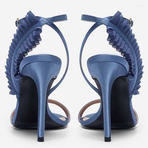 Sandales d'été en dentelle satinée, sexy, bout ouvert, boucle, bleu, talons hauts, mode, cuir véritable, sandales de fête de mariage, 2023
