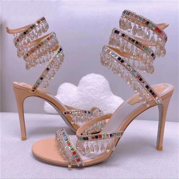 Sandalias 2023 Estilo de verano Tobillo de mujer Wrap Alto Tacón de aguja Punta Redonda Sexy Pasarela Muestra Color Rhinestone