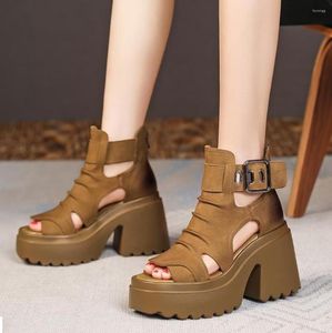 Sandalias 2023 Summer grueso Suele alto Top de cuero genuino Matsu Matsu Hollow Out Rise Boots Cold Women