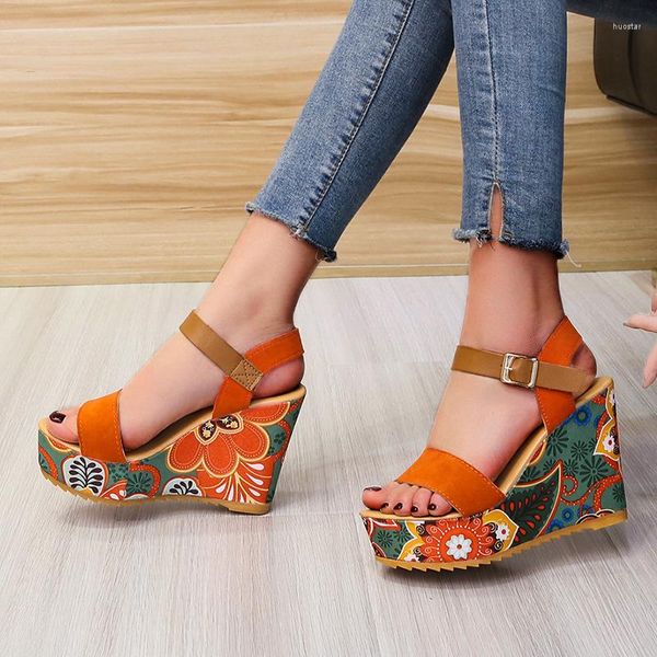 Sandalias 2023 cuña de verano para Mujer Retro dibujo étnico zapatos de plataforma señoras Casual hebilla de tobillo Sandalias cómodas De Mujer