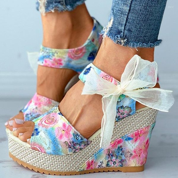 Sandalias 2023 verano mujer plataforma cuñas punta abierta moda flor cordones fiesta tacones altos zapatos calzado