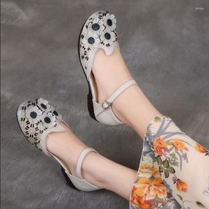 Sandales d'été pour femmes, chaussures en cuir de vache véritable, Vintage, faites à la main, plates pour dames