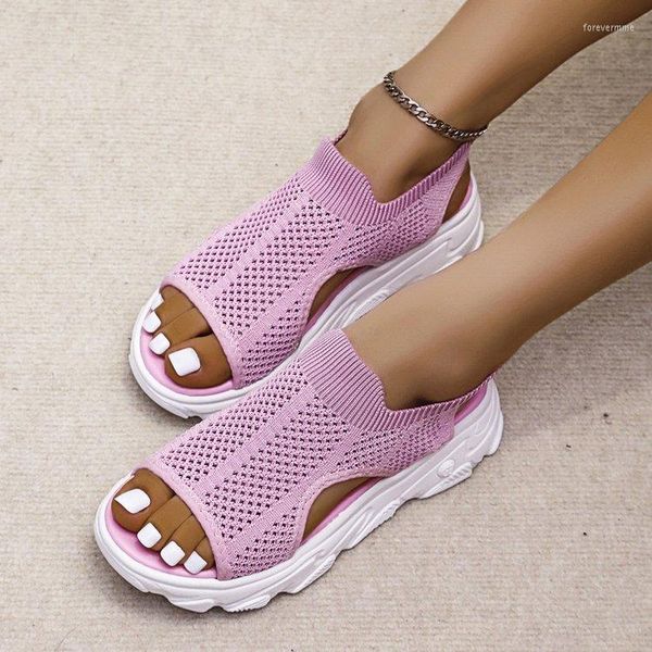 Sandalias de verano 2023 para mujer, zapatos de cuña de malla de Color sólido, Sandalias informales con agujeros para mujer, Sandalias de plataforma sin cordones con punta abierta para mujer 35-42