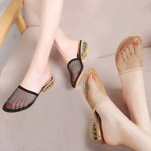 Sandalen 2023 Summers Women Bling Lace Design Luxe Sandalen Gold Low Heel Ladies Plus Size casual schoenen Mesh Ladies Slippers