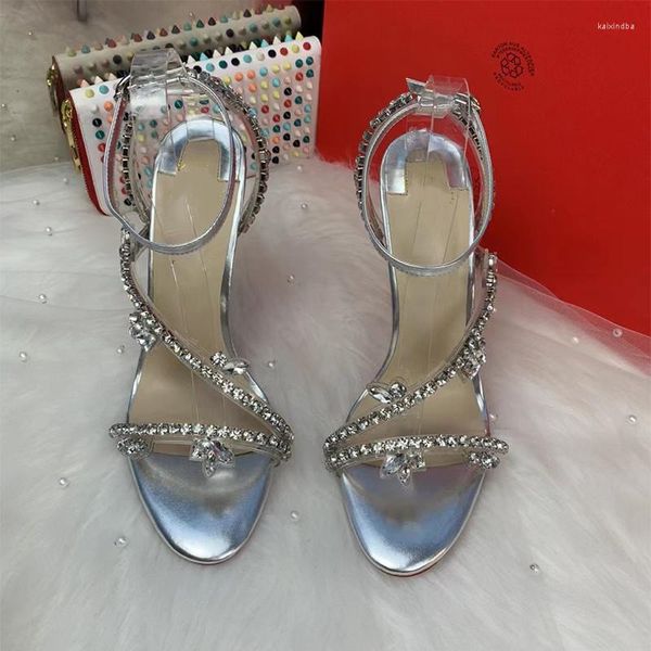 Sandalias 2023 cadena de cristal dulce Color plata 12cm 10cm 8cm tacones finos zapatos de moda para mujer