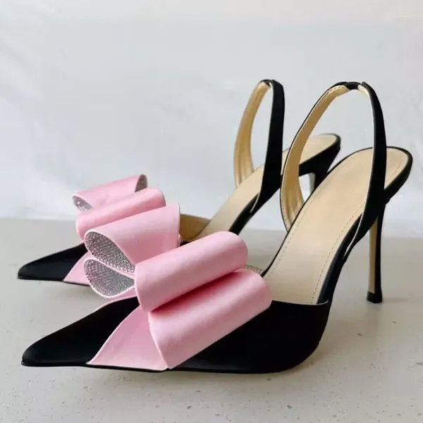 Sandalias 2023 Sweet Women High Heel Pointed Toe Lovely Pink Bow-Nudo Decoración Runway Diseñador Mujer Vestido de fiesta Tacones