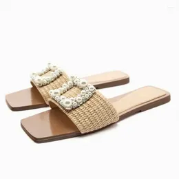 Sandales TRAF Femmes Summer Flats Perle Mode Square Toe Pantoufles Femme Casual Tissé Tongs Élégantes En Plein Air