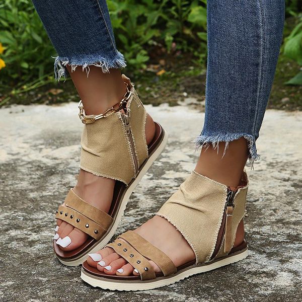 Sandalias 2023 zapatos de mujer moda y cómoda lona casual punta abierta doble cremallera tacón plano todos los días verano