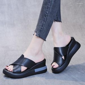 Sandalen 2023 Damesplatform Wedge Summer Summer High-Hak Fish Mouth Shoes Soft Leer Versterkt