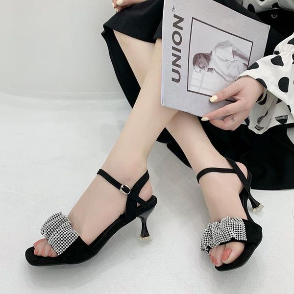 Sandalias 2023 para mujer, Sandalias de tacón con correa en el tobillo, Sandalias de verano para mujer, tacones finos para vestido de fiesta con punta abierta, zapatos de cristal ostentosos para mujer