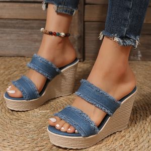 Sandales 2023 femmes Denim été compensées talons hauts chaussures paille femmes espadrilles Mules pantoufle sans lacet plate-forme loisirs 230704