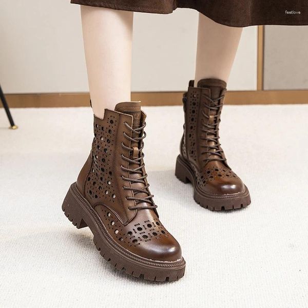 Sandales 2023 Femmes d'été en cuir style britannique bottes en maille creuse à lacets fermeture éclair talon épais