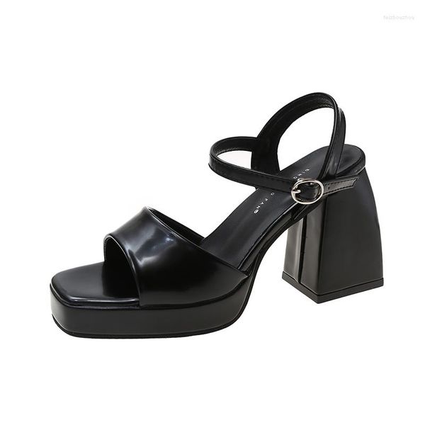 Sandalias 2023, zapatos de mujer, tacón súper alto, hebilla de plataforma, punta cuadrada gruesa, sandalias de cuero PU de verano para mujer