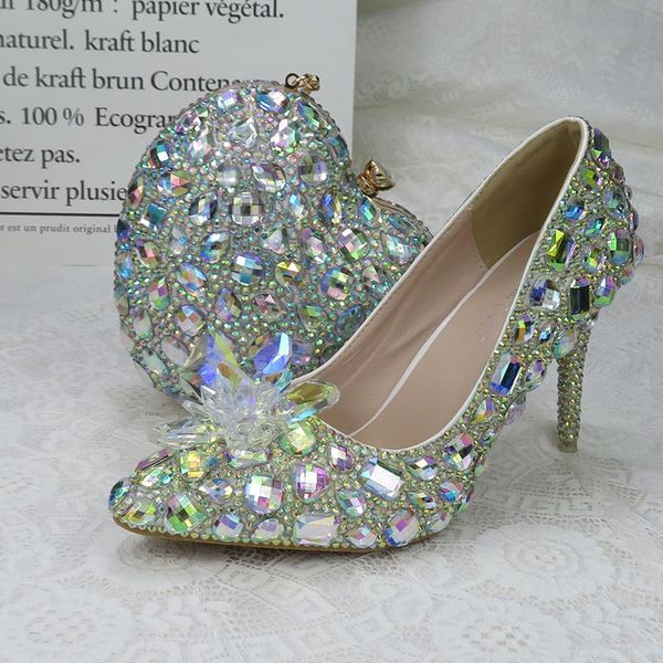 Sandales 2023 Femmes Argent Mariée Mariage Talons Hauts Dames Robe De Soirée Et Sac Ensemble Bout Pointu Mince Princesse Cristal Chaussures