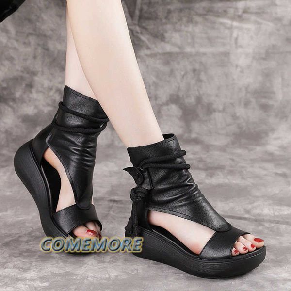Sandales 2023 femmes chaussures d'été sandales romaines bottes mi-talon chaussures compensées décontracté élégant dames Vintage PU cuir plate-forme Sandalias Z0325