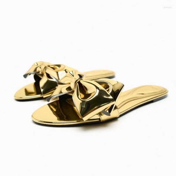 Sandales 2023 ZAZA Femmes Bow Appartements Été Sexy En Cuir Doré Diapositives Casual Pantoufles En Plein Air Femme Mode Plage