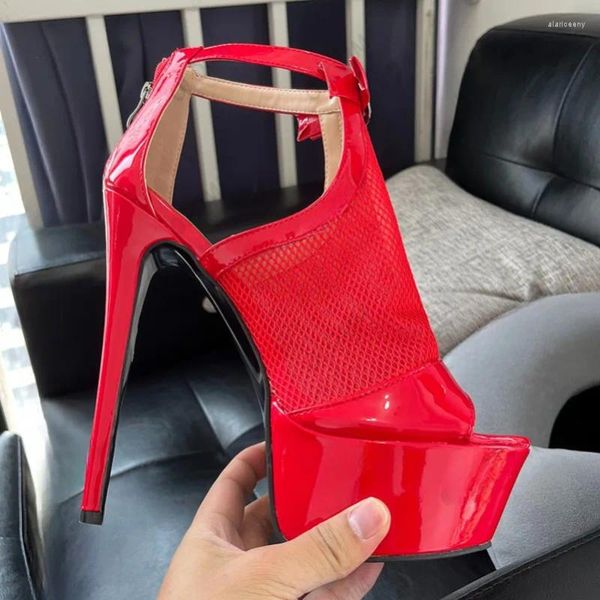 Sandales 2024 Arrivée Handmade Femme's Plateforme Mesh Stiletto Talons Round Black Red Party Shoes Ladies Us nous plus taille 5-20