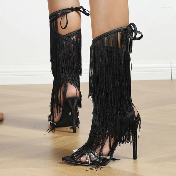 Sandalias 2024 Fashion Tassel Cross Strap Boots Mujeres Summer Knee-Alto zapatos Crystal Tallones altos Femme Fiesta sexy del dedo del pie puntiagudo