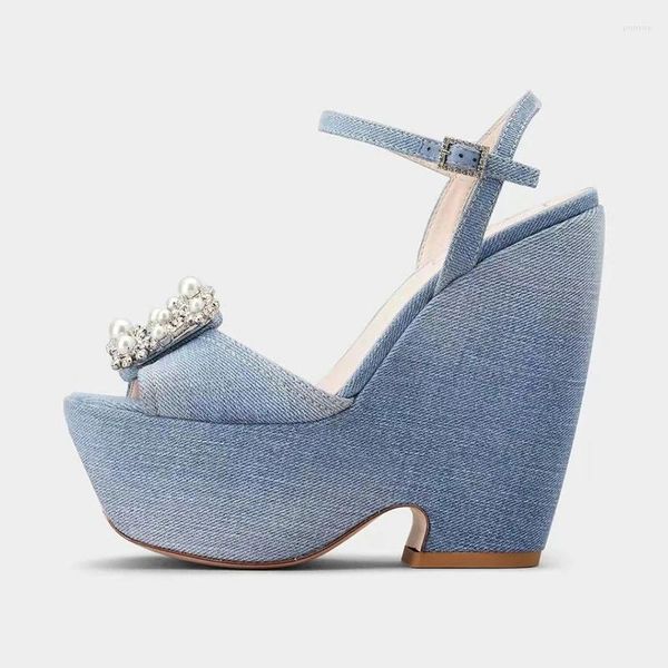 Sandales 2024 Mode Minimaliste Perle Eau Diamant Sexy Noir Bleu Plate-Forme Imperméable À Talons Hauts Parti Femmes Chaussures Taille 42