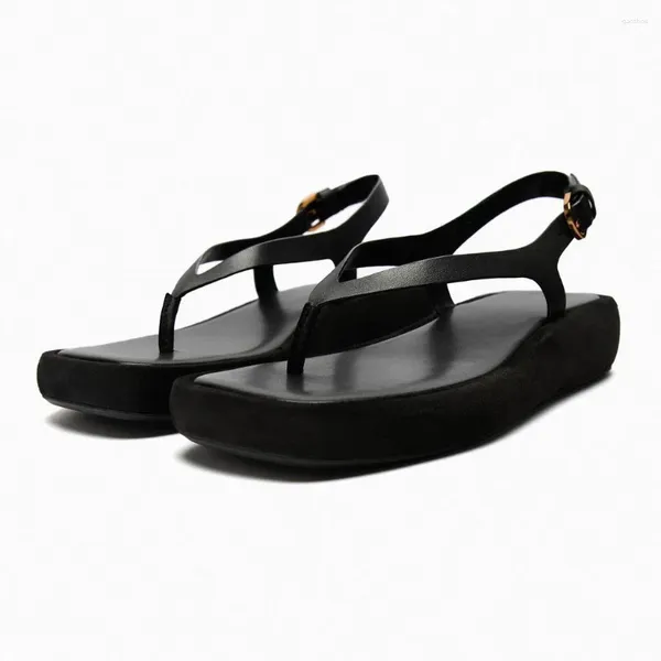 Sandalias 2024 Flip-Flop Primavera Zapatos de mujer Mesa impermeable negra Tabla gruesa Fondo de cuero de vaca Sandalia plana