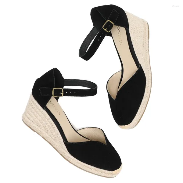 Sandalias 2024 Ladies Sandalias Mujer Promoción Genuino Tobillo-Wrap Sapatos Mulher Zapatos de tacón de cuña para cuñas de punta cerrada 5-9 cm