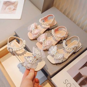 Sandalen 2024 Nieuwe Summer Princess Shoes Girls Bow Baby Fashion Pargin Flat Childrens H240510