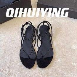 Sandalen 2024 Qihuiying Handmade Blingbling Crystal Thongs Flat Heel Woman Flip-Flops Beach Shoes Boheemse enkelriem