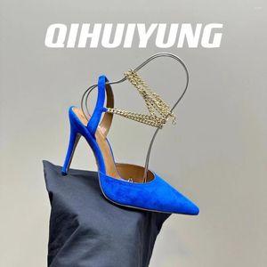 Sandalen 2024 Qihuiying Handmade Kid Suede enkel Strappy Pointed-Toe High Heel Party Stilettos Woman Plus Size Zapatos de Mujer