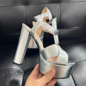 Sandales 2024 Real Pos Women Platform Block High Heels Open Toe Gorgeous Silver Party Shoes Ladies US plus taille 5-15