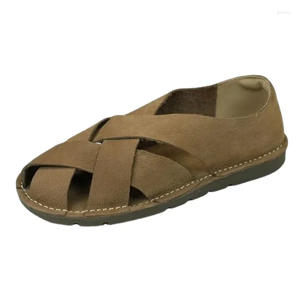 Sandalias 2024 Retro Suff Soft Foe para mujeres Sendón de verano de lujo en la playa de cuero genuino Sandalia de damas