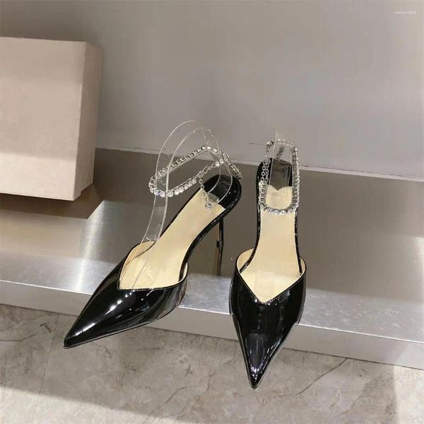 Sandalias 2024 Slingback Bombas Decoración de cristal Pequeño Cabeza cuadrada Conciso Zapatos de mujer Sexy Tacones altos Verano Otoño Tamaño 35-40