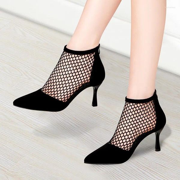 Sandalias 2024 Primavera Verano Moda Botas huecas Tacones gruesos Malla Otoño Tobillo Mujer Zapatos puntiagudos Botas De Mujer