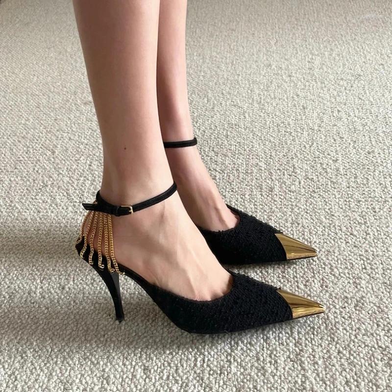 Сандалии, весна-лето 2024, женские туфли на высоком каблуке с черной цепочкой, пикантные золотистые повседневные туфли с металлическими острыми концами, тонкий каблук 6 см/9 см, размер 41
