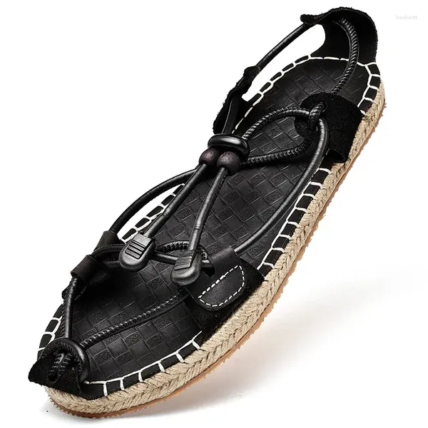 Sandals 2024 Style Retro Cowhide et Paille tissée Men de paille Marque Summer Fashion Soufflement Breffant confortable Pantres de cuir décontractées