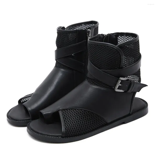 Sandalias 2024 Verano Negro Mujeres Cómodas Zapatos de malla plana Open Toe High-Top Fashion Roman