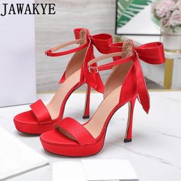 Sandalias 2024 Summer Ladies Plataforma High Heel Back Bowtie-Nook Party Shoes Women Red Red Satin Bridal Wedding Brand
