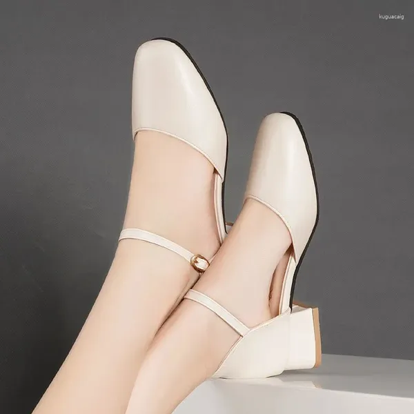 Baotou – sandales d'été à bout carré et à talons bas, grande taille, talon épais, sangle à boucle, bouche peu profonde, chaussures simples pour femmes, 2024