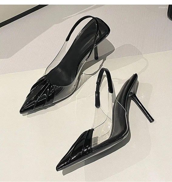 Sandales 2024 Été Femmes Talons Marque Design Bout Pointu Transparent Slingbacks Haute Dames Sexy Party Club Sans Lacet Noir Pompes