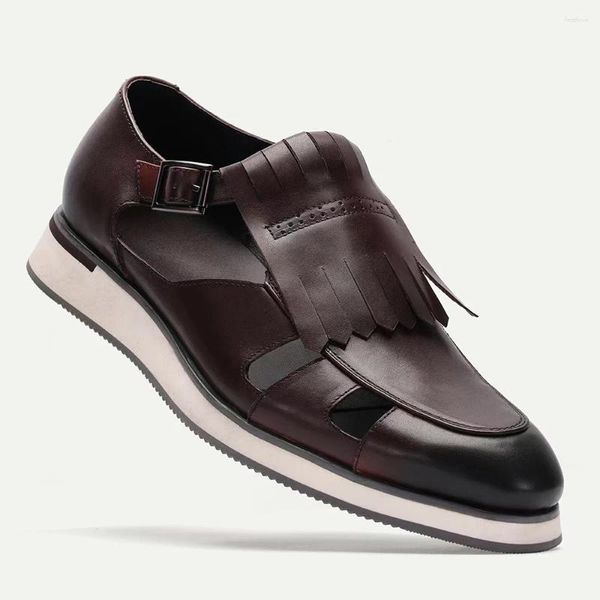 Sandales 2024 tendance hommes gland en cuir véritable boucle sangle évider été chaussures décontractées pour hommes confortable respirant