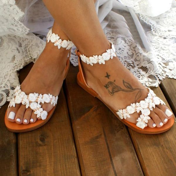 Sandales 2024 Blanc de dentelle Flower Women's Slippers Bohemian Beach Shoes plus taille Summer Fashion Zapatos Para Mujeres