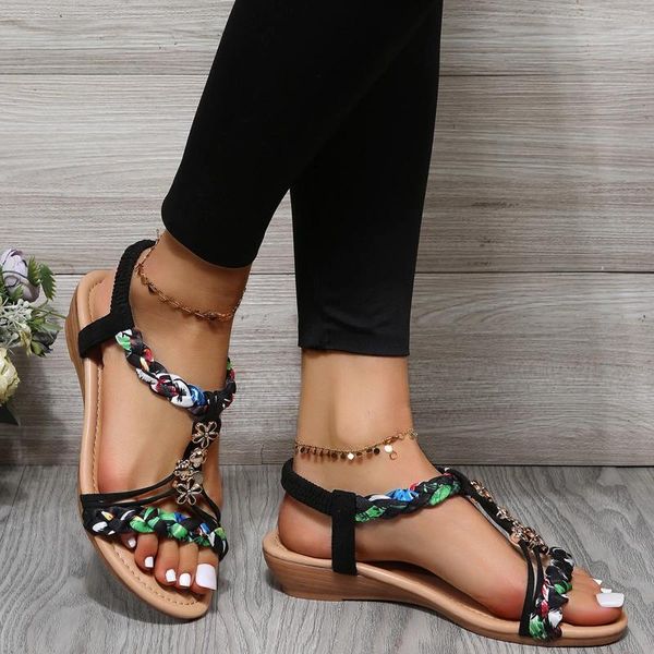 Sandalias 2024 mujer plana con cuentas abierta punta moda zapatos femeninos estampado floral verano playa sandalias antideslizante chaussure