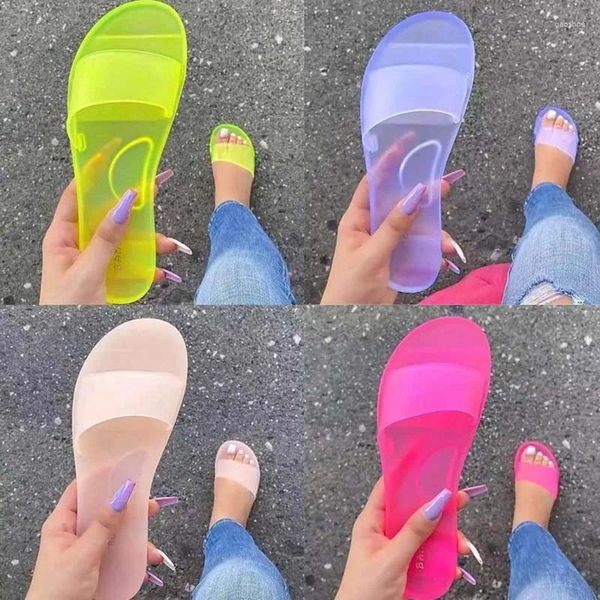 Sandalias 2024 Mujer Zapatos de verano sexy Resbalón en diapositivas de moda Damas Pisos transparentes