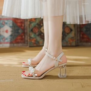 Sandales d'été à talons hauts argentés pour femmes, petite taille 32 33, perles, lanière à la cheville, cristal Transparent, chaussures à talons épais, 32-39