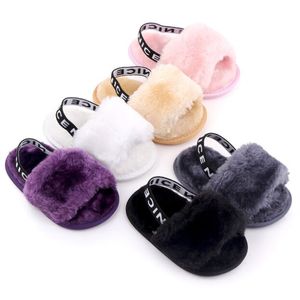 Sandales 3 paires/lot! Nouveau-né fourrure bébé pantoufles mode doux élastique bande Silicone antidérapant chaussure enfants Top qualité solide été Shaggy chaussures 0-18M